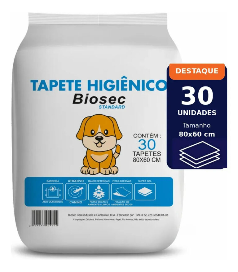 Tapete Higiênico 80×60 Para Pet Cachorro Cães 30 Unidades Descartável Com Fitas Adesivas Anti Odor Atrativo Canino Biosec Standard