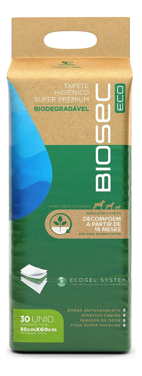 Tapete Higiênico Biodegrável Biosec Eco 80x60cm 30 Unidades Sustentável Ecológico Amigo da Natureza anti Odor para Pet cachorro cão