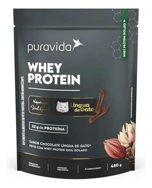 Whey Protein Isolado Chocolate Lingua de Gato 450g Puravida