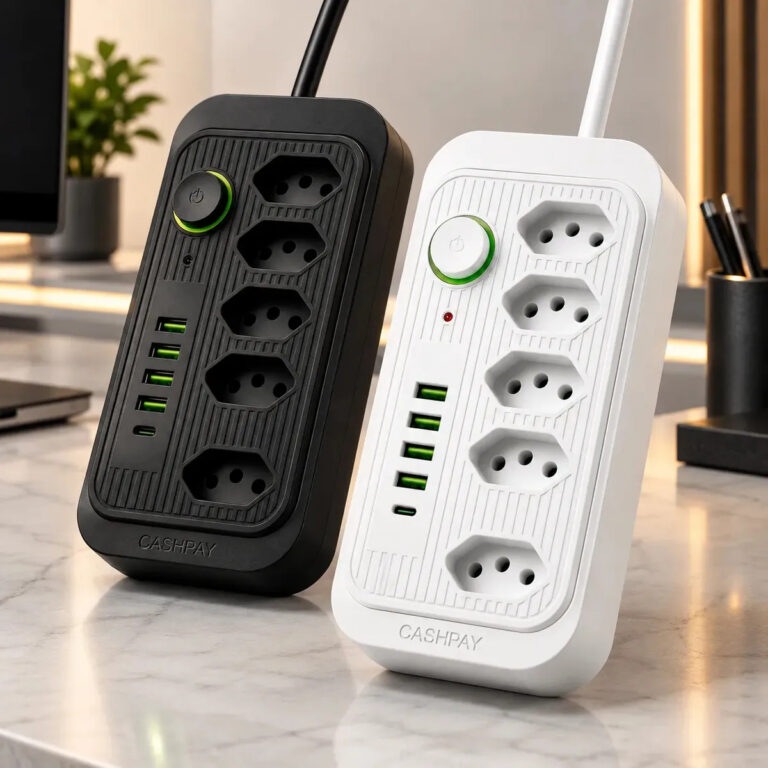 Filtro de Linha Extensão Elétrica CASHPAY 5 Tomadas 4 USB + 1 USB-C 2500W Bivolt Cabo 1,9m Proteção Contra Sobrecarga
