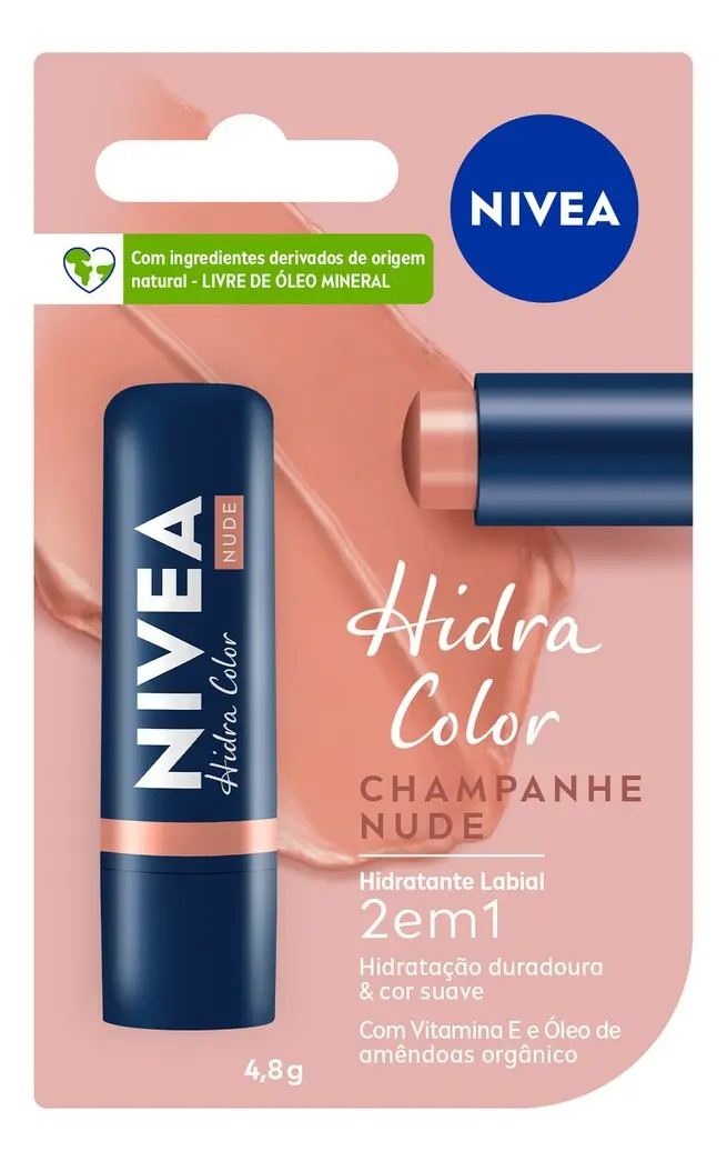 NIVEA Hidratante Labial Hidra Color 2 em 1 Nude 4,8g, Hidratação Duradoura, Cor Intensa, Lábios Protegidos