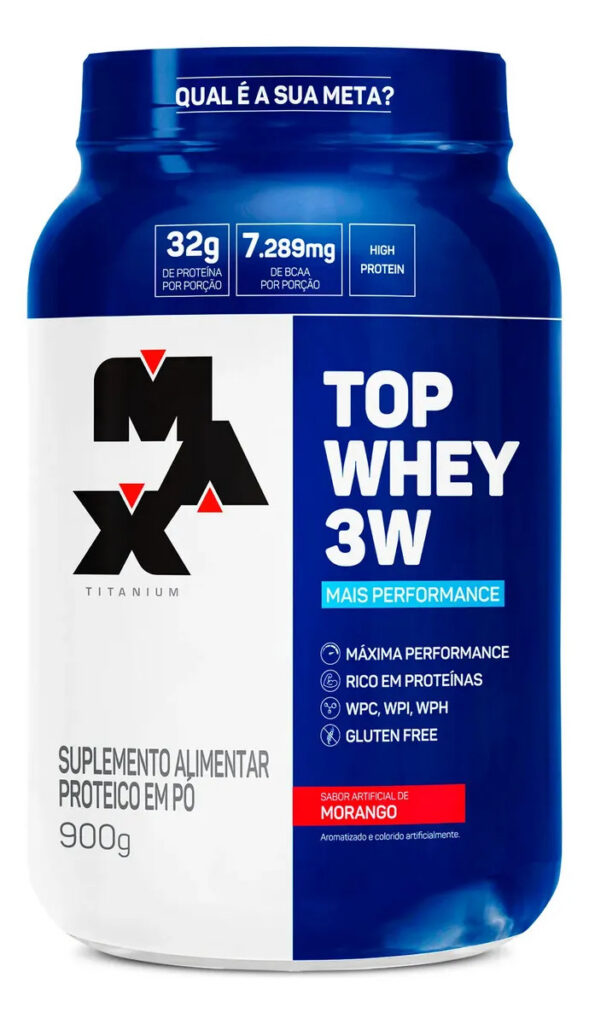 Top Whey 3w Mais Performance 900g Max Titanium Whey Concentrado Sabor Morango