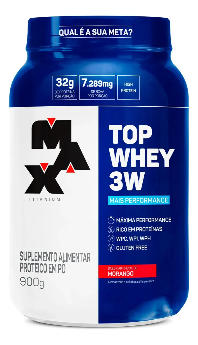 Top Whey 3w Mais Performance 900g Max Titanium Whey Concentrado Sabor Morango
