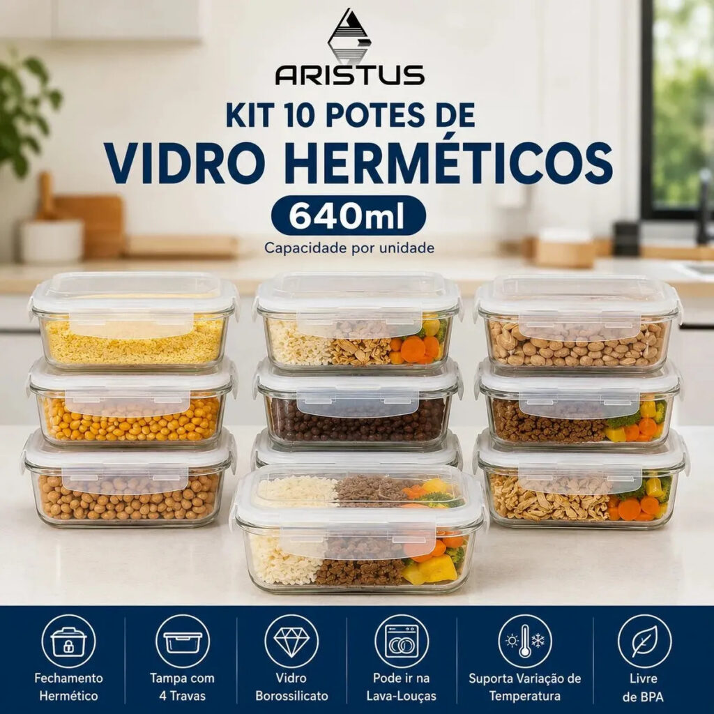Kit 10 Potes Vidro Hermético Aristus 640ml Marmita Anti Vazamento Forno Micro-ondas Freezer Tampa 4 Travas – Branco