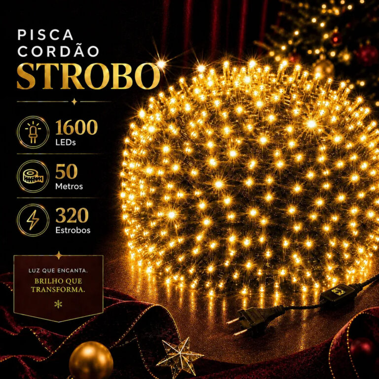 Strobo Cordão Natal 1600 Leds Pisca Flash 50m Prova D’água Bivolt Branco Quente