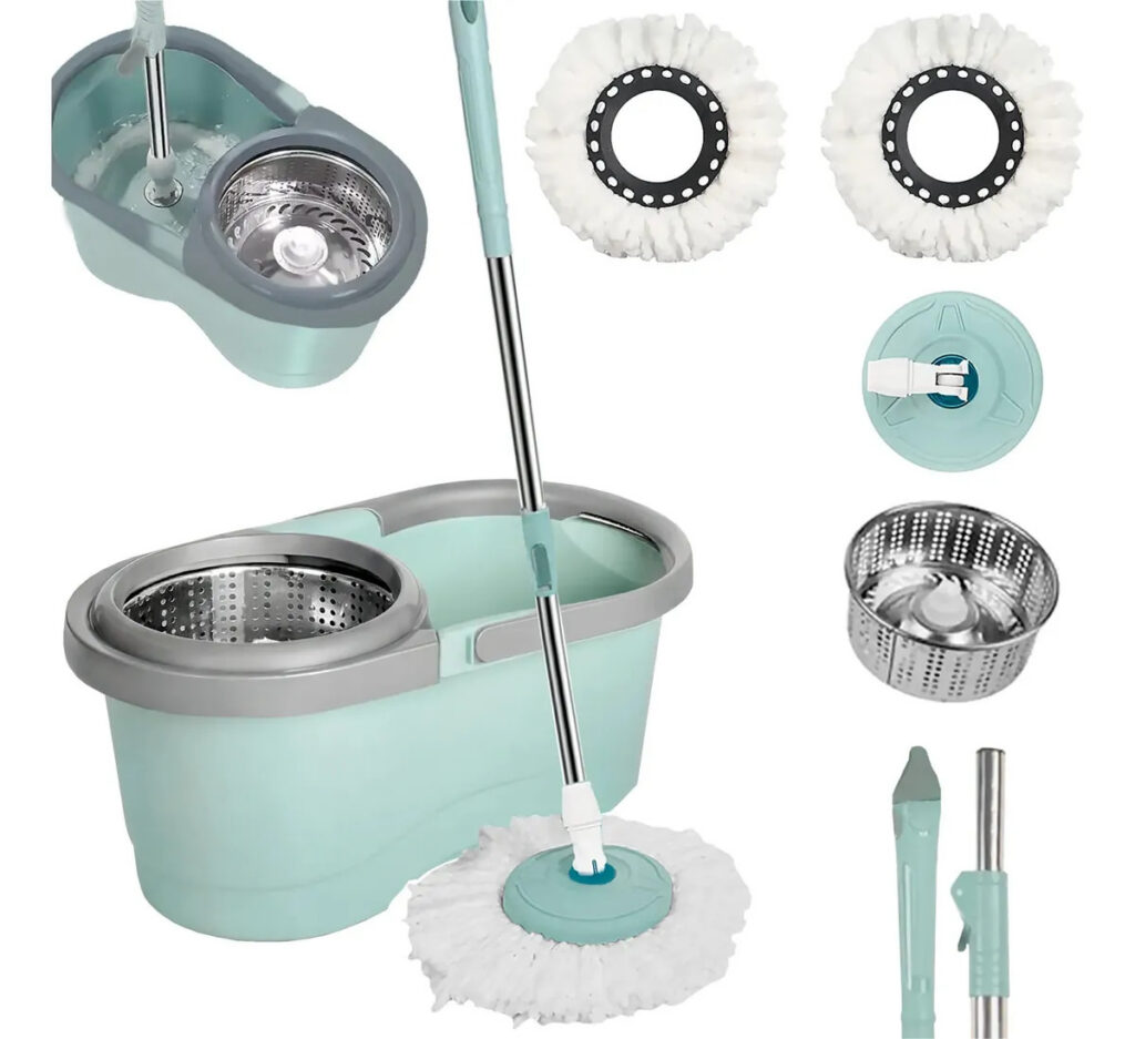 Mop giratório cesto inox com refil balde 13l esfregão cabo 130cm rodinhas fácil limpeza eficiente uso longo sem esforço completo faxina rápida remova sujeira higiene limpar casa moderna praticidade
