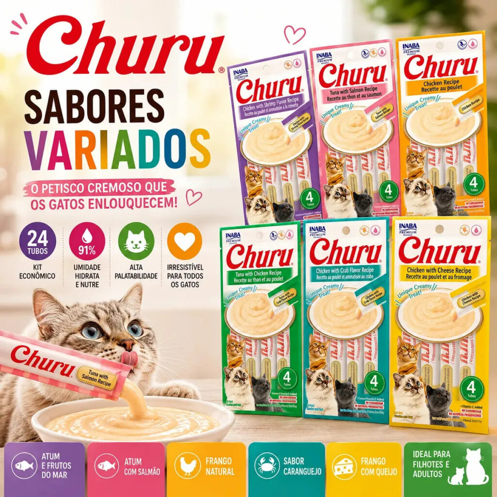 Petisco Cremoso Inaba Churu para Gatos – Kit com 6 Sabores Variados (24 Sachês)