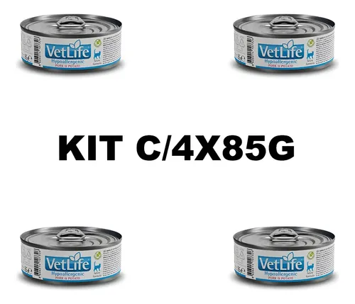 Kit C/4 Ração Umida Vetlife Feline Hypo Pork Potato 85g