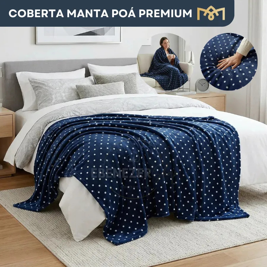 Cobertor Manta Casal Poá 2,00×1,80 Modelo Premium Toque Ultra Macio Confortável Perfeito Para Sofá Cama Elegante Cor Azul Marinho