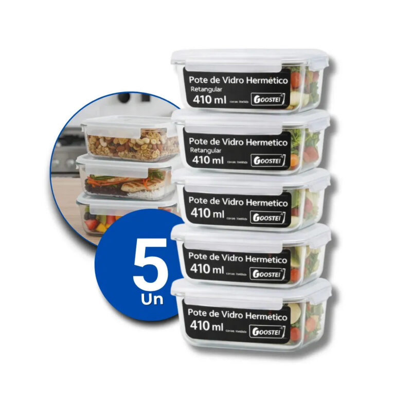Kit 5 Potes De Vidro Hermetíco 410ml Marmita Forno Retangular Com 4 Travas Gostei!