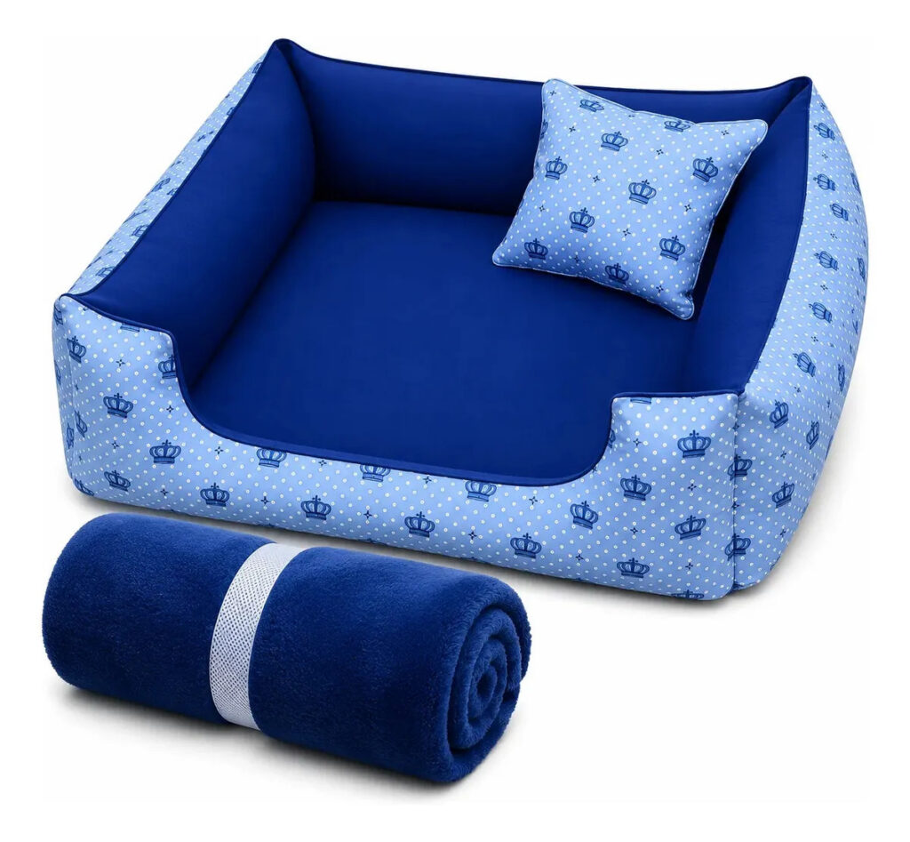 Cama pet Cachorros Médios Caminha de gato Com Zíper resistente super macia e confortável kit cama manta e almofada Cor Azul De Coroa